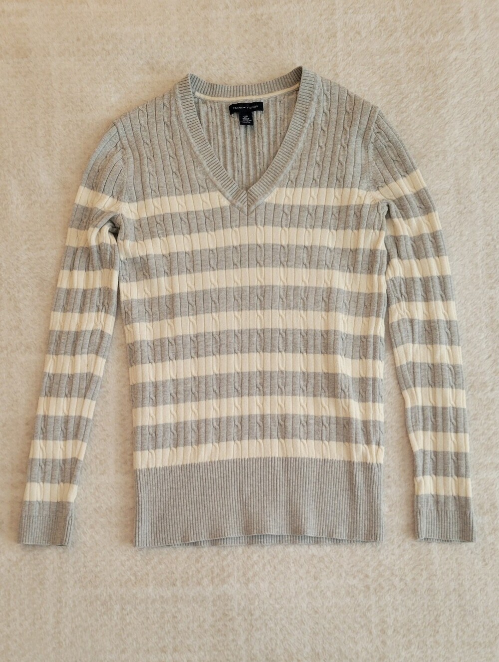 Tommy Hilfiger Striped Cable Knit V-neck Sweater